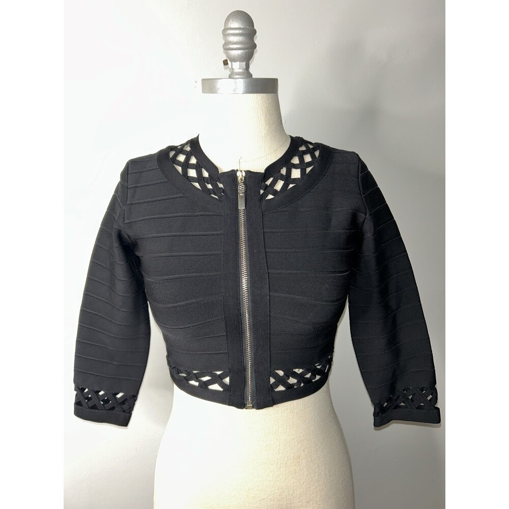 GRACI Black Structured Cutout Jacket | Heavy Ribbed Fabric, Lattice Collar & Hem